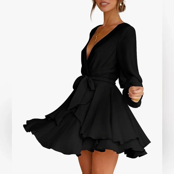 flowy little black dress Women's Fall Velvet Mini Dress Long Sleeve Mock Neck High Waist Ruffle A Line Flowy Party Dresses Black X-Large